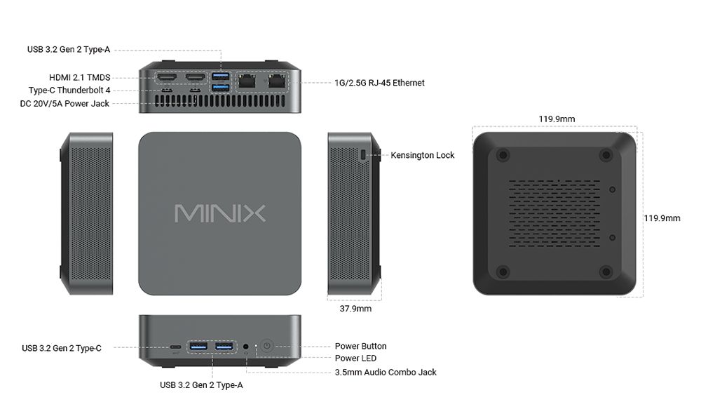 MINIX N512 Mini PC, processeur Intel Core i5-12600H 8 cœurs (4,5 GHz max.), 16 Go de RAM, SSD 1 To, 2 ports HDMI + USB-C + Thunderbolt 4, affichage quadruple, Wi-Fi 6, Bluetooth 5.2, 4 ports USB 3.2, 1 port LAN 2,5G, 1 port LAN 1G, 1 prise audio